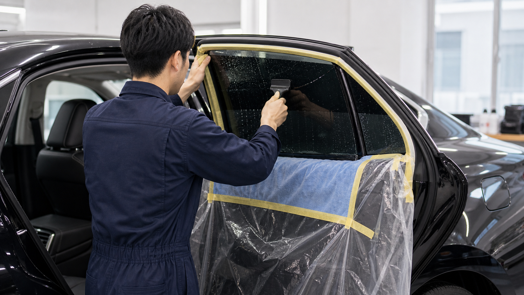 工場内で丁寧に車両を扱う施工イメージ